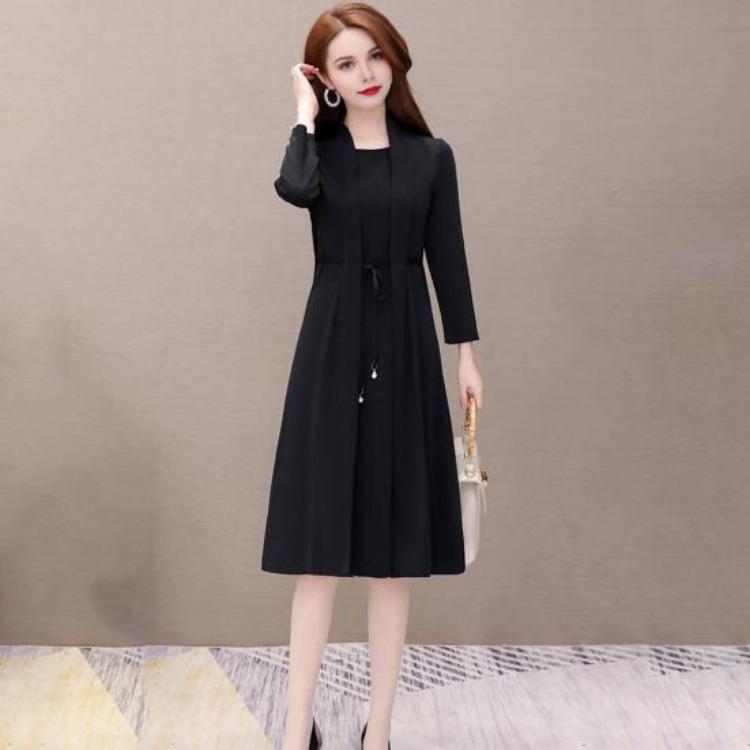 Elegant Plus Size Lady Dress Formal Office Commuting Midi Dress Long Sleeve A-line Lace-up Strap Fake Two-piece Style