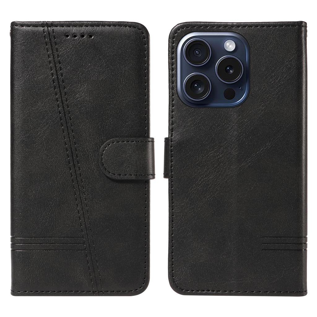 Für iPhone 15 Pro Brieftasche Hülle T-Form Linien Leder Handyhülle Ständer