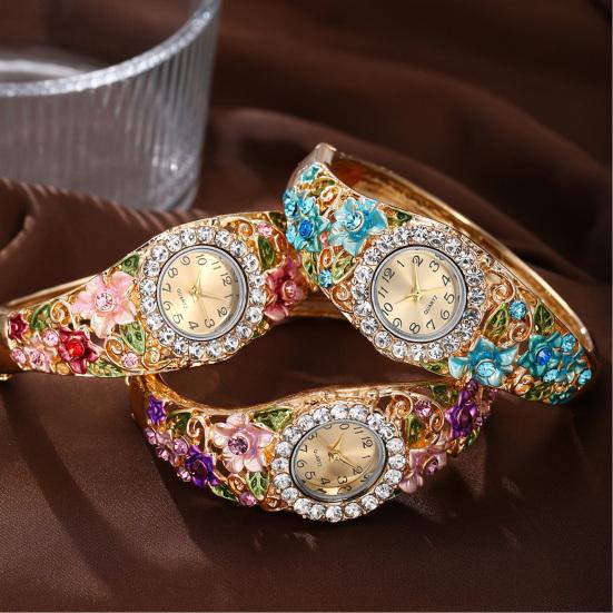 Ladies Floral Bangle Watch Rhinestone Round Dial Watch Elegant Quartz Wristwatch Sparkly Women Timepiece Gift for Mom Wife