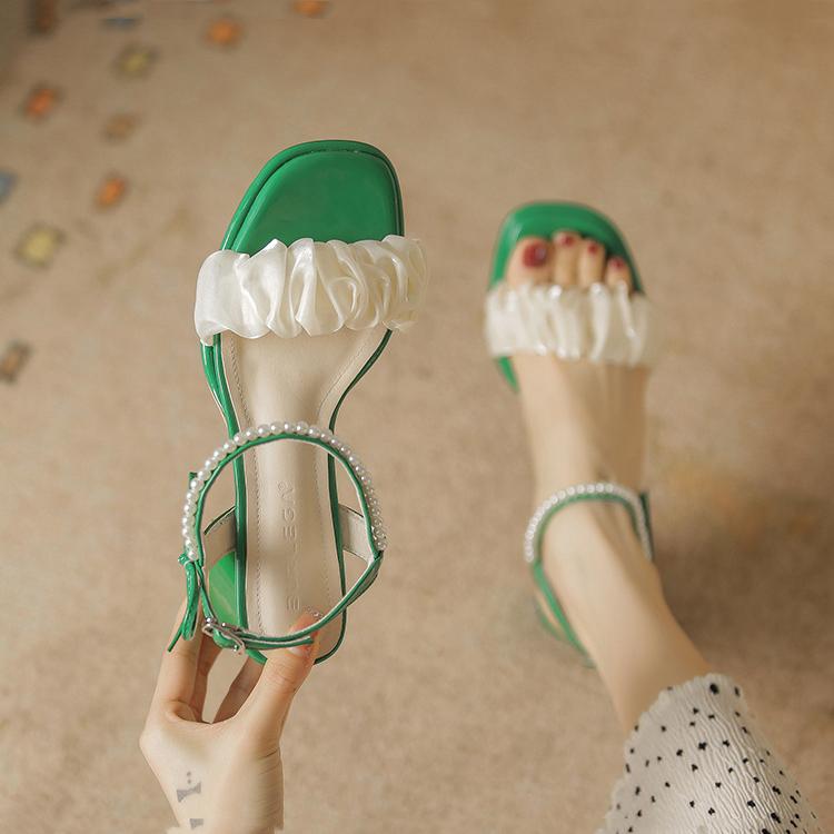 

Женские босоножки на массивном каблуке. Летние босоножки на высоком каблуке с плиссировкой и жемчугом. 34 зелёный