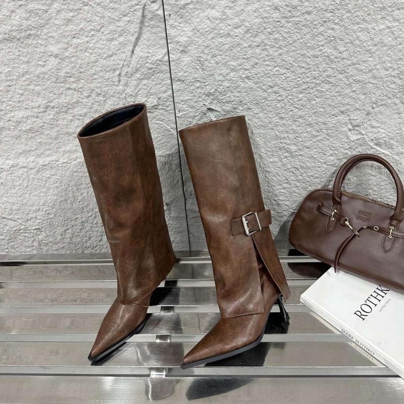 2025 autumn and winter new but knee fashion boots British leather buckle pointed stiletto women's boots personalized trouser boots