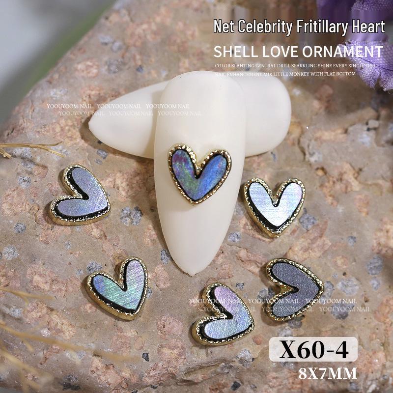 Mother-of-Pearl Heart Nail Art Rhinestones with Iridescent Seashell and Metal-Edged Zircon Alloy Nail Accessories