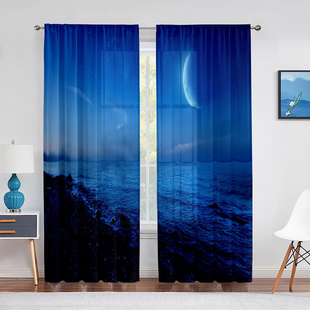 Starry Night Scenery Sky with Stars Moon Tulle Curtains for Living Room Bedroom Kitchen Decor Chiffon Sheer Voile Window Curtain