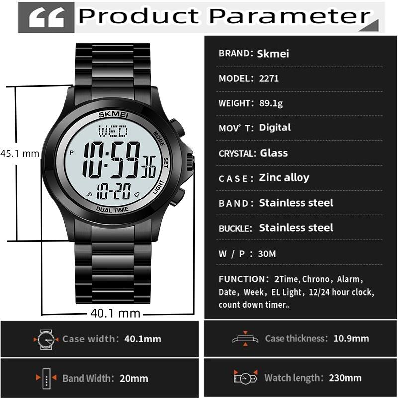 Skmei Mens Led Chronograph Bracelet Watches Luxury Stainless Steel Band 30M Waterproof Dual Time Zone Digital Sports Wristwatch