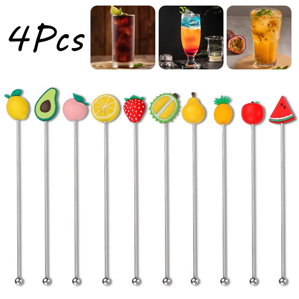 4Pcs Silicone Fruits Head Stainless Steel Stirring Rod Long Handle Cocktail Drink Mixing Sticks Mixer Barware Muddler Bar Accessories