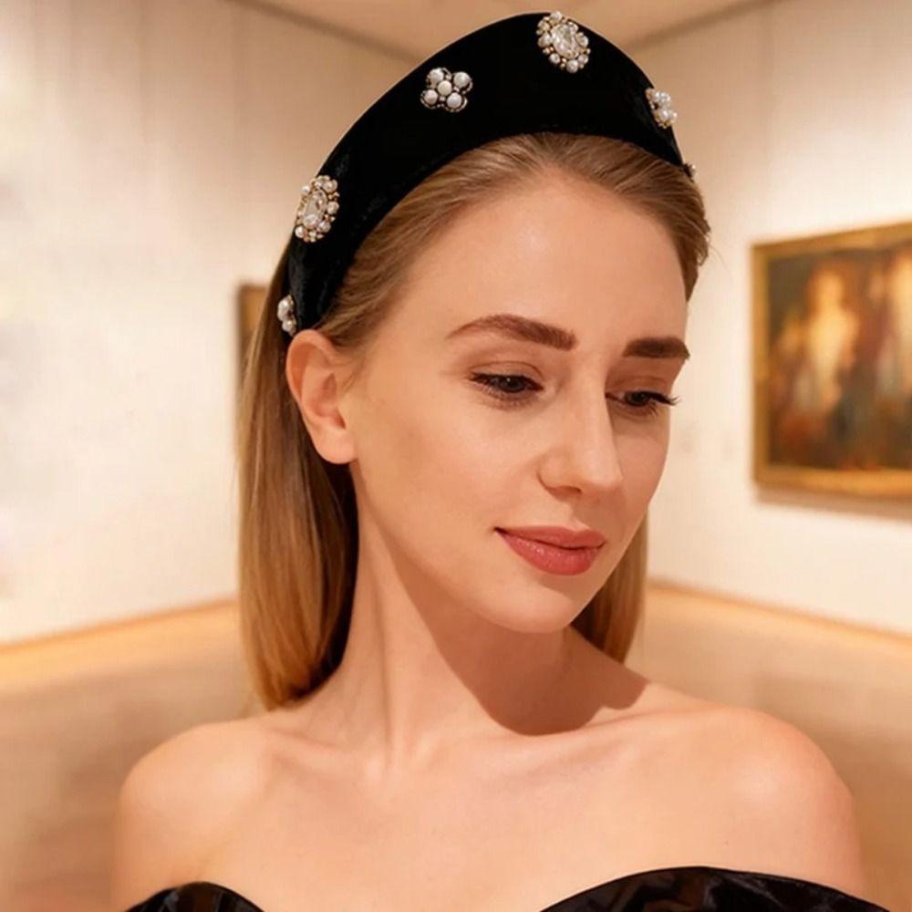 British Velvet Triangle Headband Baroque Rhinestone Pearls Hairband Banquet