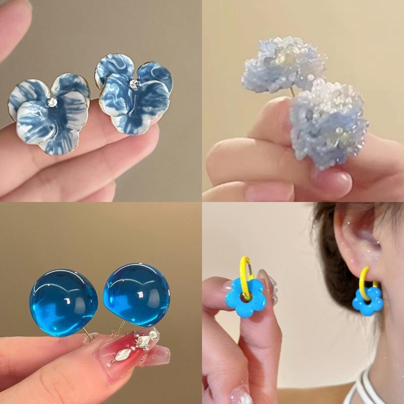Silver needle flower oil drip diamond stud earrings summer small fresh blue earrings fashionable versatile high sense earrings women