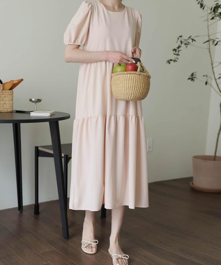 Ppaeppae Round Neck Puff Sleeve Tiered Long Dress