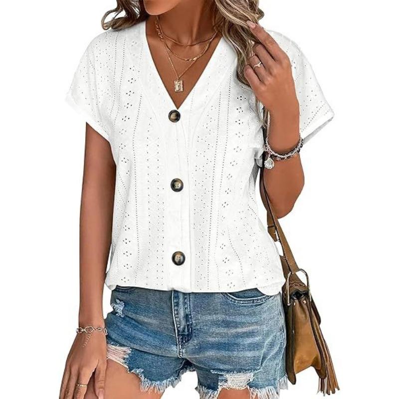 

YYFS Женская мода Повседневная Летняя Весна Однотонный Принт Короткие Рукава V-образный Вырез Блузки и Рубашки L белый