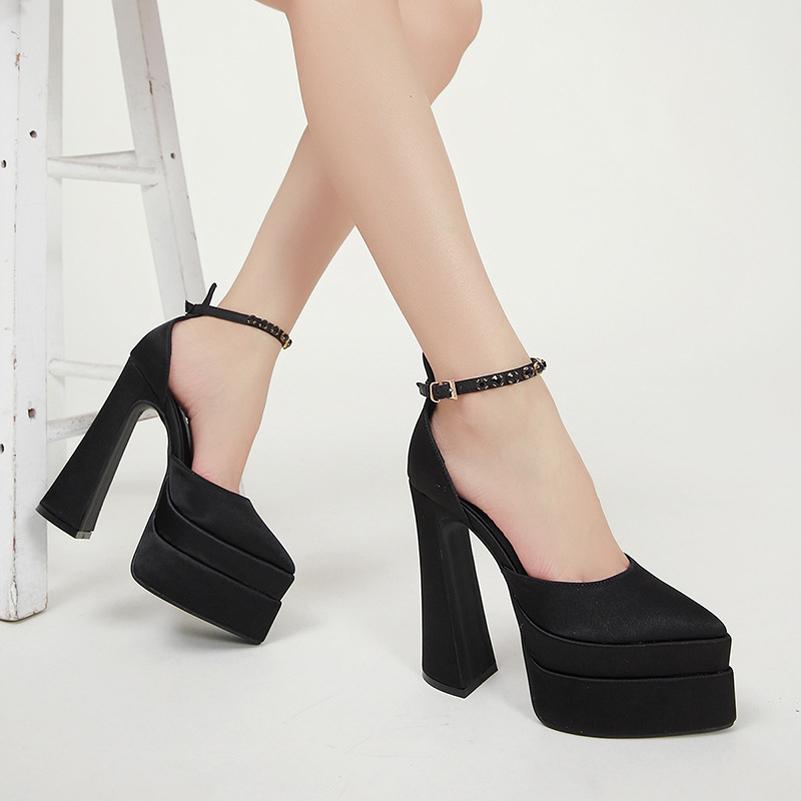 

Женские двухсекционные туфли-лодочки с ремешком на щиколотке, с острым носком, на высоком каблуке, с кристаллической пряжкой, женская обувь на платформе, весенне-осенний цвет, розовый 42 35 чёрный