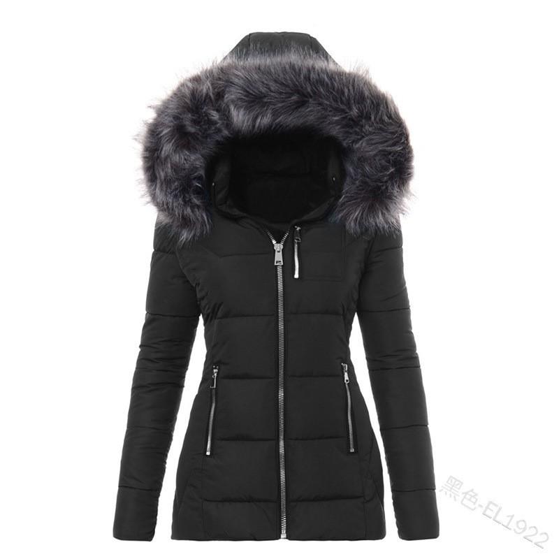 Womens Slim Fit Cotton Padded Jacket With Faux Fur Collar Zipper Warm Winter Coat
