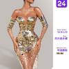 Summer New Women's Dress Sequined Shoulder Sexy Mesh Perspective Long Evening Dress