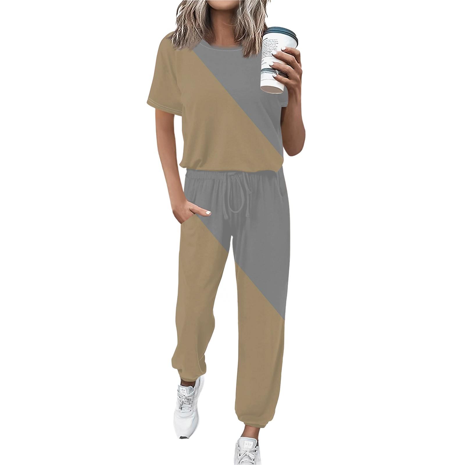 

Женский спортивный костюм с круглым вырезом и коротким рукавом, свободные брюки L хаки