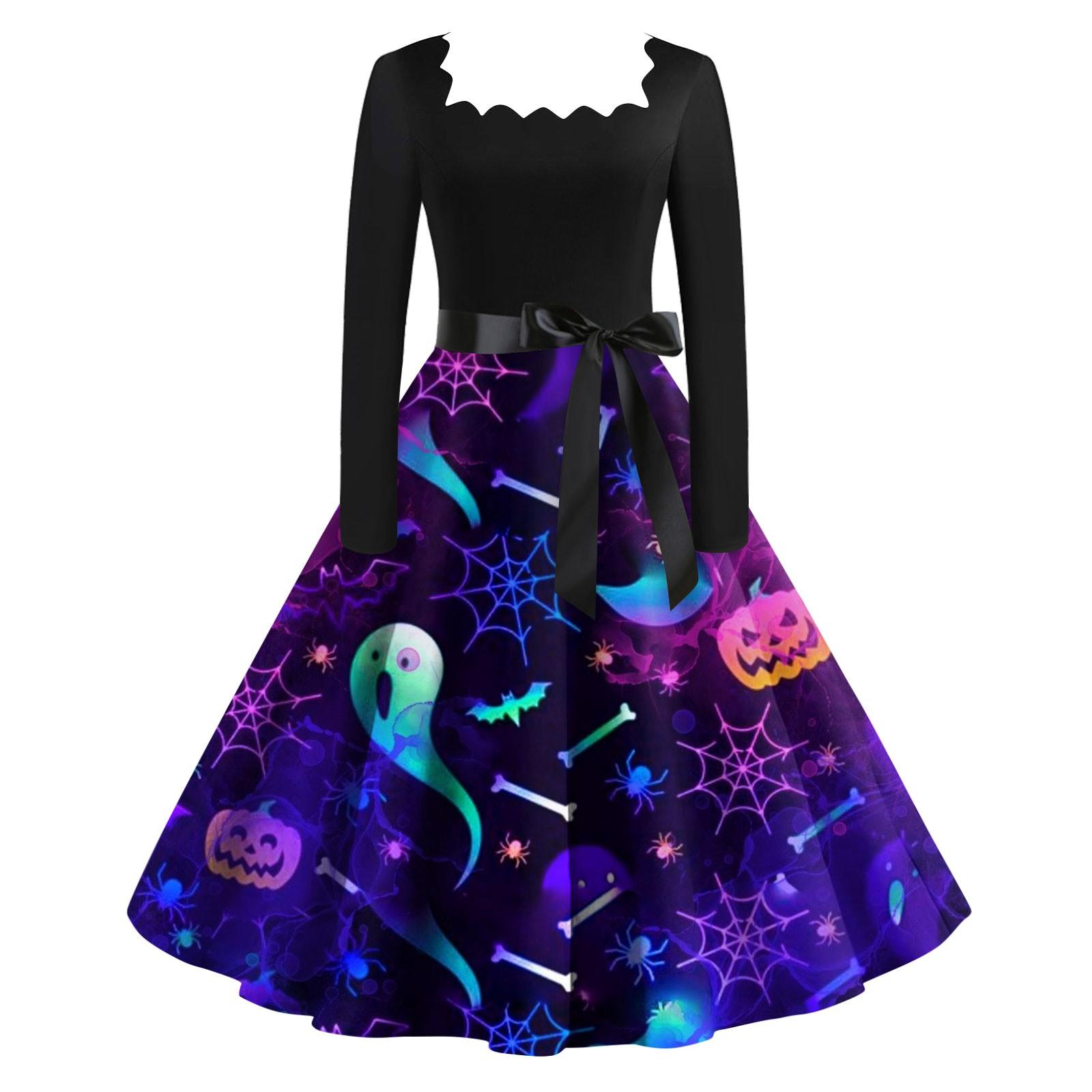 Women s Fashion Round Neck Casual Slim Fit Halloween Printed Long Sleeve Dress L