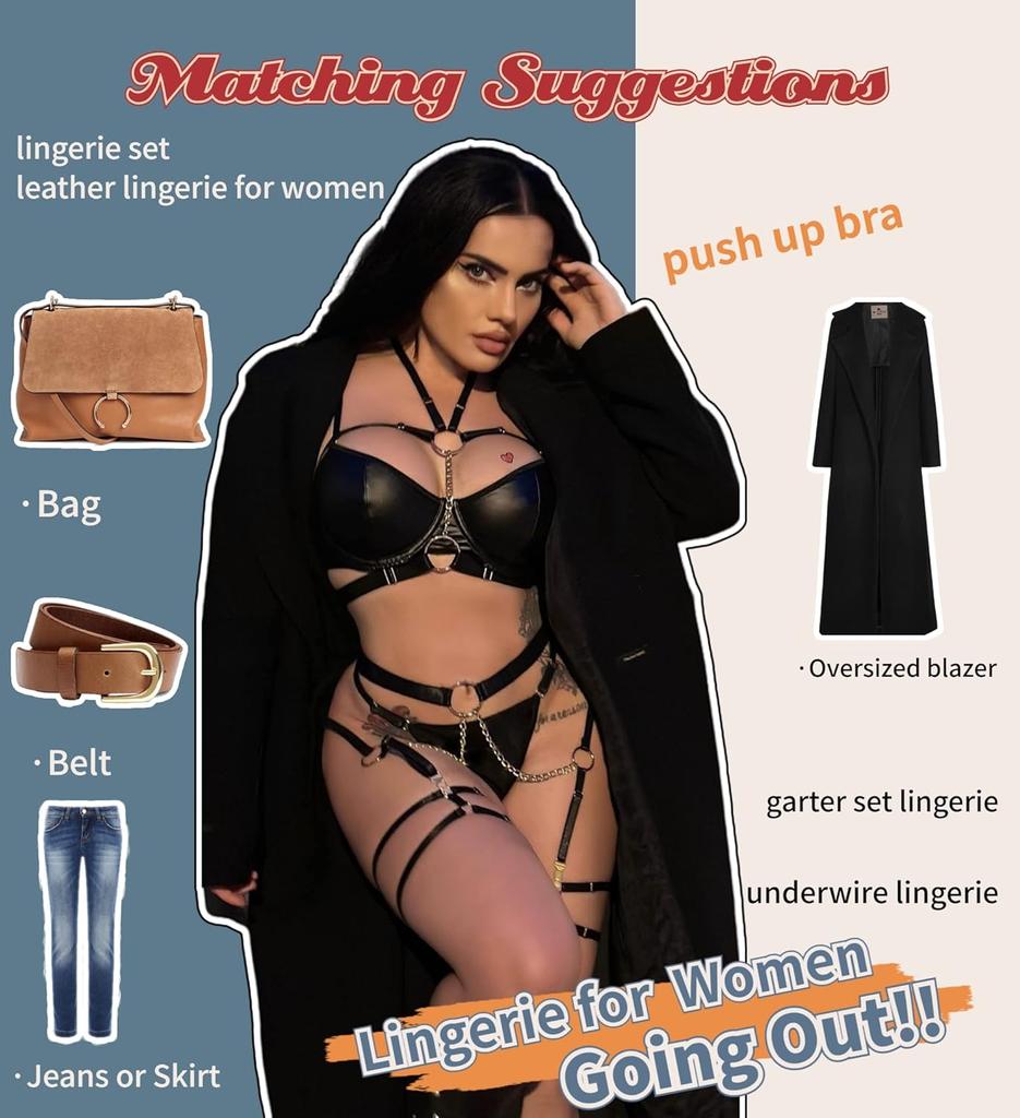 Avidlove Lingerie Set for Women Sexy Strappy 5 Piece Lingerie Garter with Underwire Push Up Bra and Chain