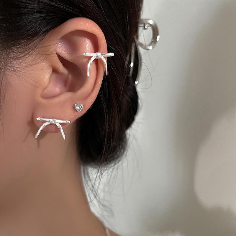 999 Sterling Silver Bow Stud and Clip-on Earrings for Women, Sweet and Elegant Ear Care Accessory.