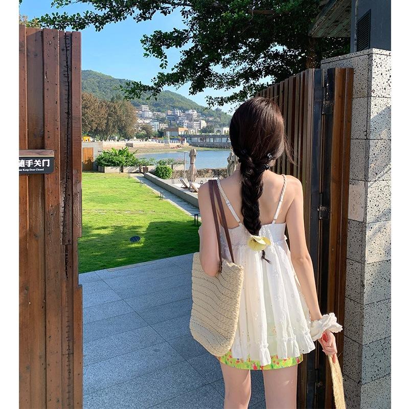 Vacation V-neck Suspender Embroidered Top Vest Women's Outer Wear Ruffle Edge Hollow Top Floral Skirt Set