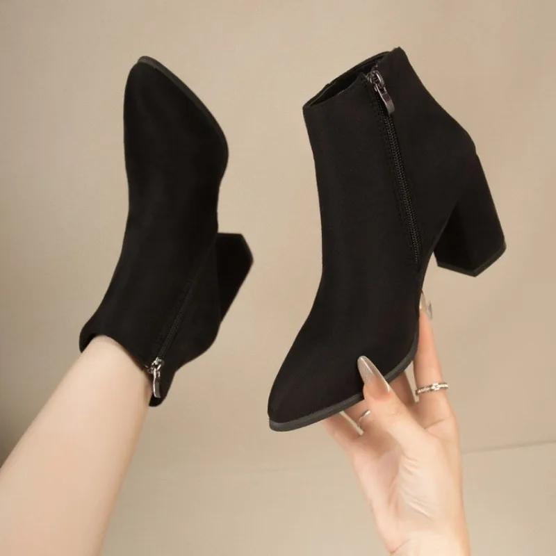 Suede short boots for women 2025 autumn and winter new item pointed toe thick heel women's high-heeled fashion boots