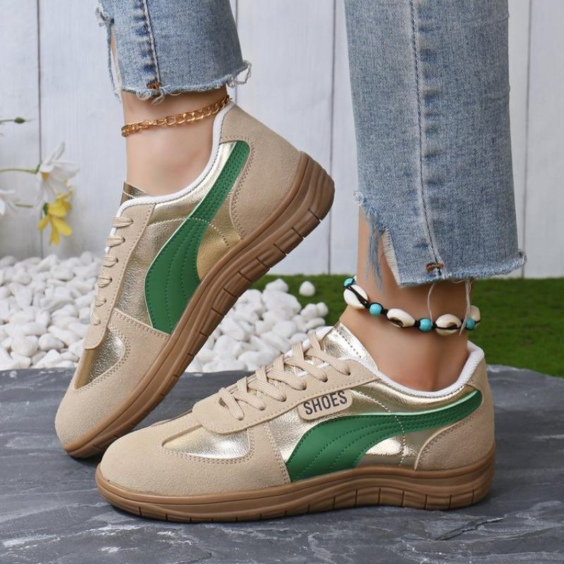 

Женская повседневная спортивная обувь Осень Новая Круглый носок Сплайсинг Шнуровка спереди Толстая подошва Мягкая подошва Нескользящая Обувь с низким верхом 35 золотой