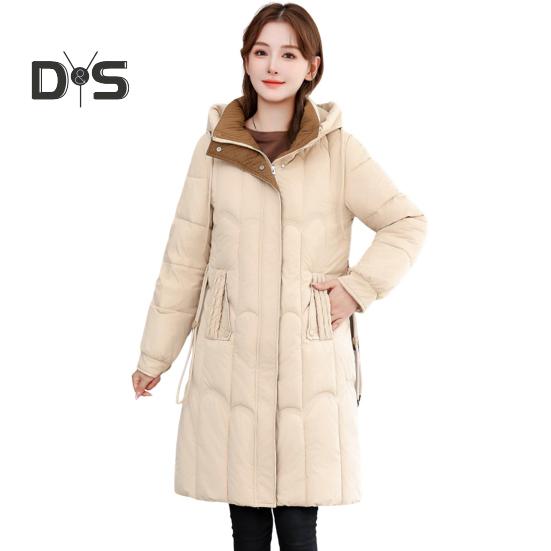 

Женское зимнее пуховое пальто с утолщенным капюшоном, карманами, застежкой-молнией, длиной до колена, ветрозащитное, сохраняющее тепло, повседневная верхняя одежда для холодной погоды, хлопковая куртка L бежевый