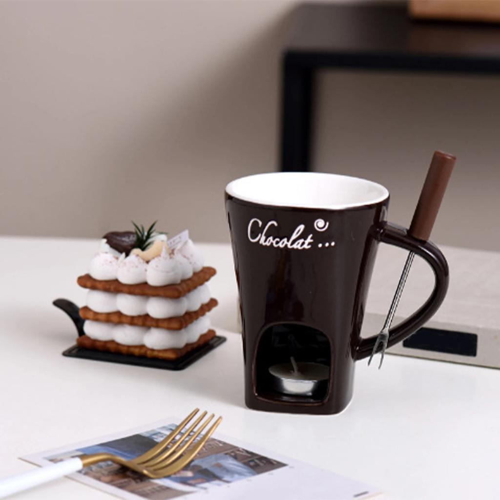 Chocolate Melt Ceramic Fondue Cup With Fork Ice Cream Cheese Chocolate Dessert Melt Oven Heated Food Birthday Cooking Appliances