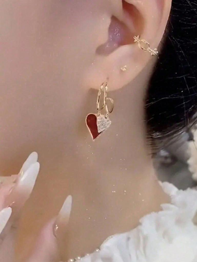 1 Paar Elegante Rote Herz-Anhänger-Ohrringe - Einzigartiges Minimalistisches Design Für Frauen, Geeignet Als Valentinstagsgeschenk