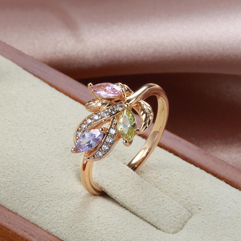 New  Rose Gold Crystal Flower Ring For Women Fashion Colorful Natural Zircon Rings Fine Wedding Jewelry Bride Gift