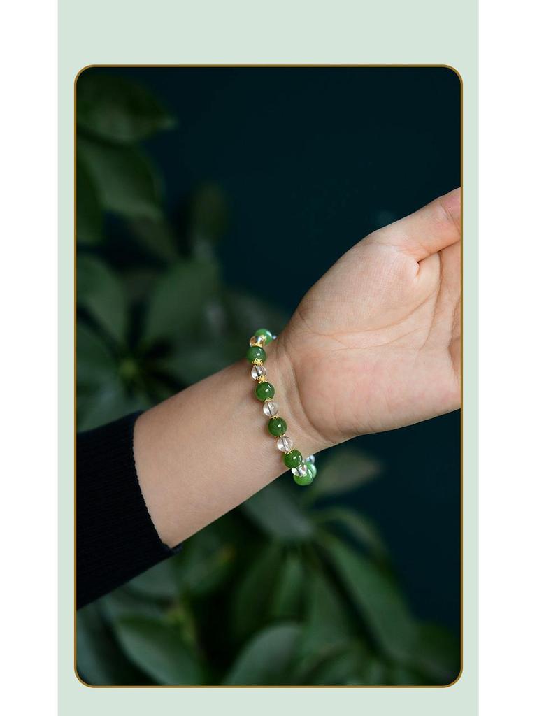 Fresh Natural Hetian Jade & White Crystal Bracelet with 925 Silver Spacers