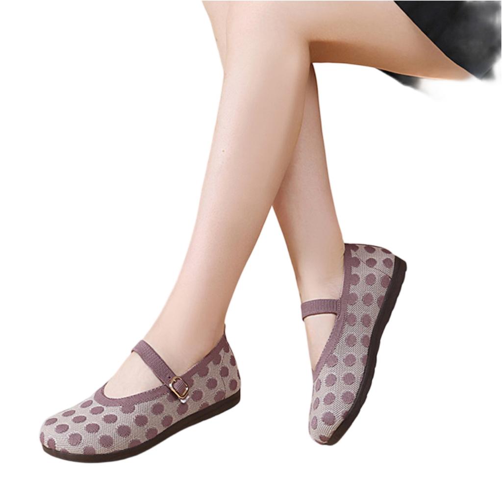 Women Fashion Flyknit Polka Dot Buckle Flat Shoes Lightweight Breathable Slip On Casual Footwear for Daily Wear