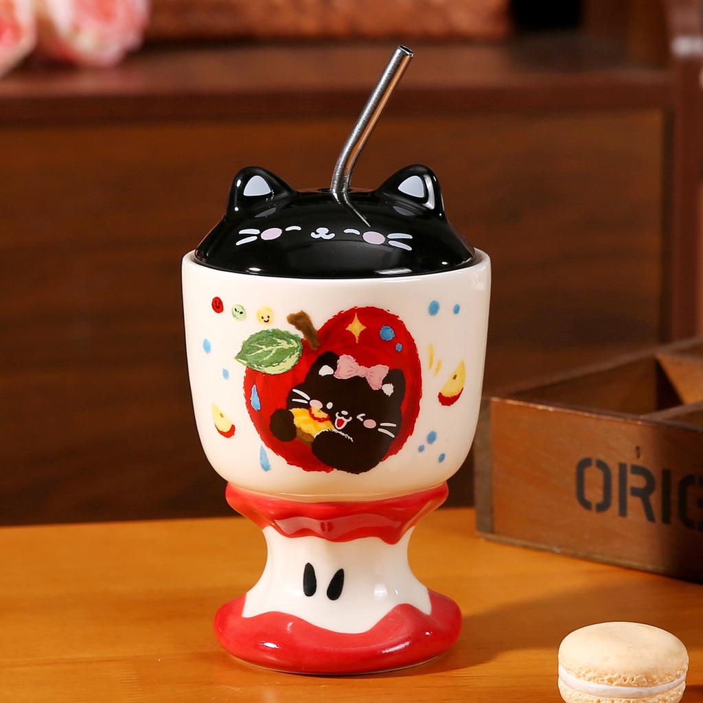 Handbemalter dreidimensionaler Apfelkern-Kelch Niedliche lustige Apfel-Katze Keramiktasse Geburtstags-Souvenir Mädchenbecher