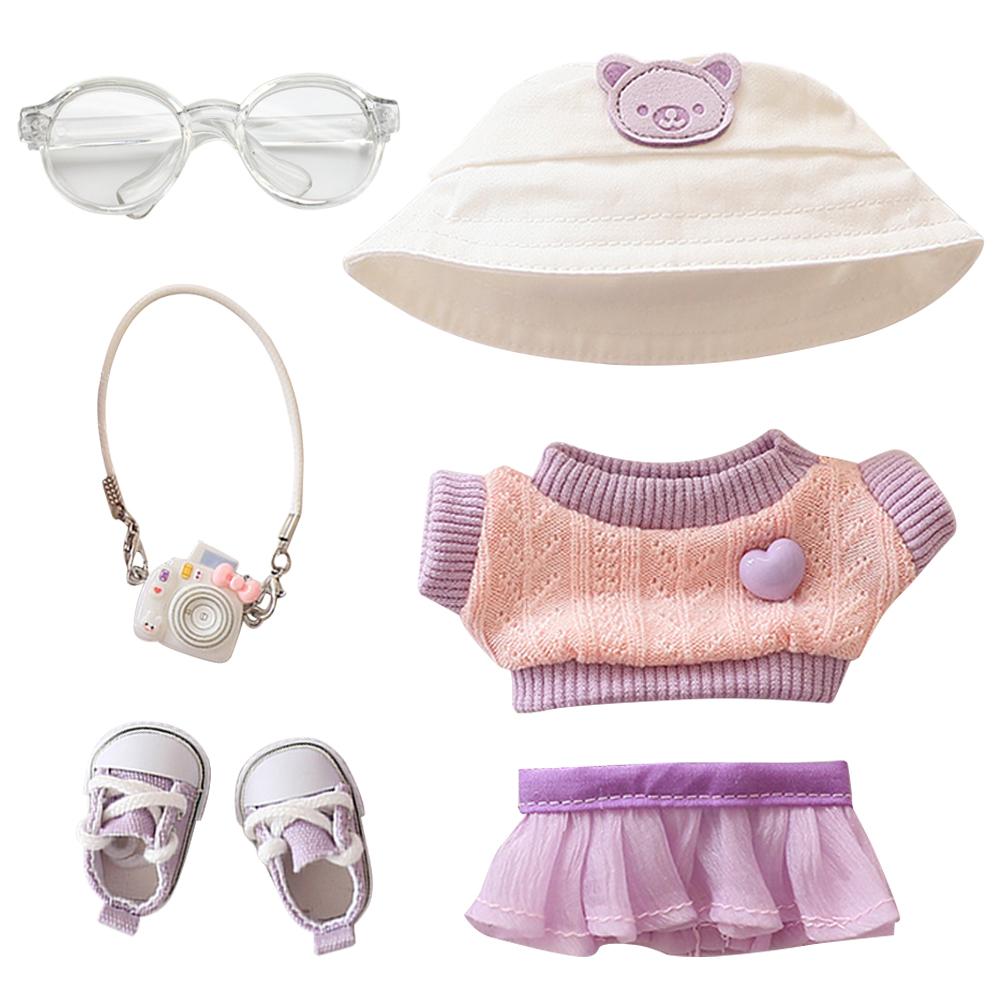 

17cm Plush Doll Clothes Decorative Cute Plushies Outfit DIY Kawaii Plush Dolls Garment Glasses Camera Shoes Hat for Girls Gift фіолетовий