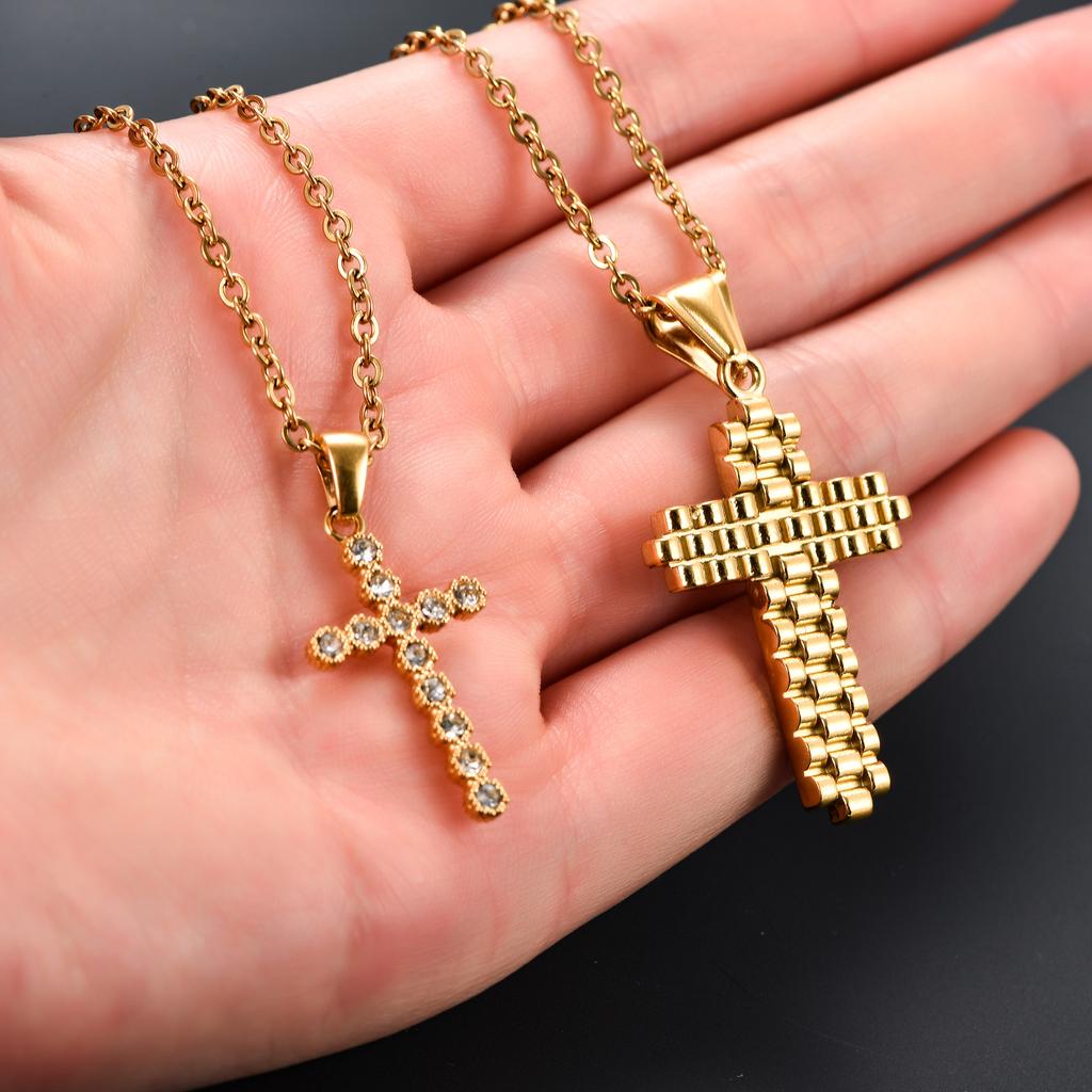 Christian Stainless Steel Cross Pendant Necklace for Women Men Gold Charms for Chain Choker Prayer Metal Jewelry Accessory