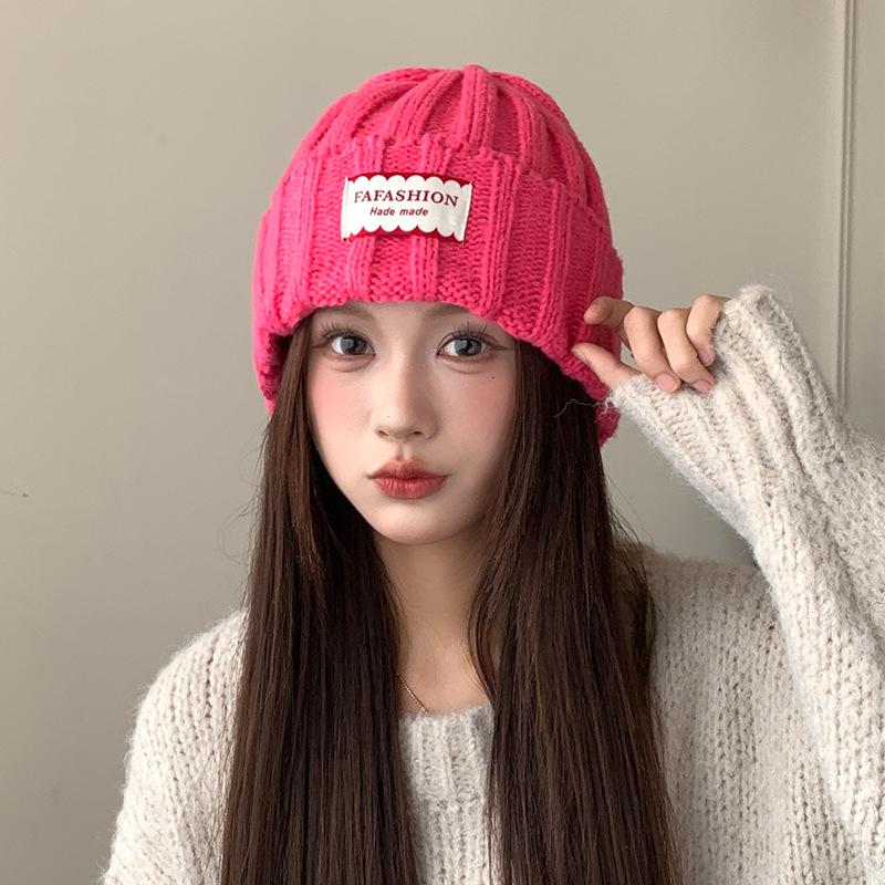 New Warm Large Head Circumference Knitted Hat Korean Style Simple Cloth Label Pullover Hat Outdoor Commuting Face Showing Small Woolen Hat for Women