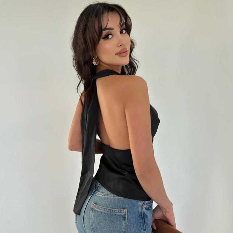 Top de satén para mujer con cuello halter, escote drapeado, sin mangas, elegante, para fiesta, casual