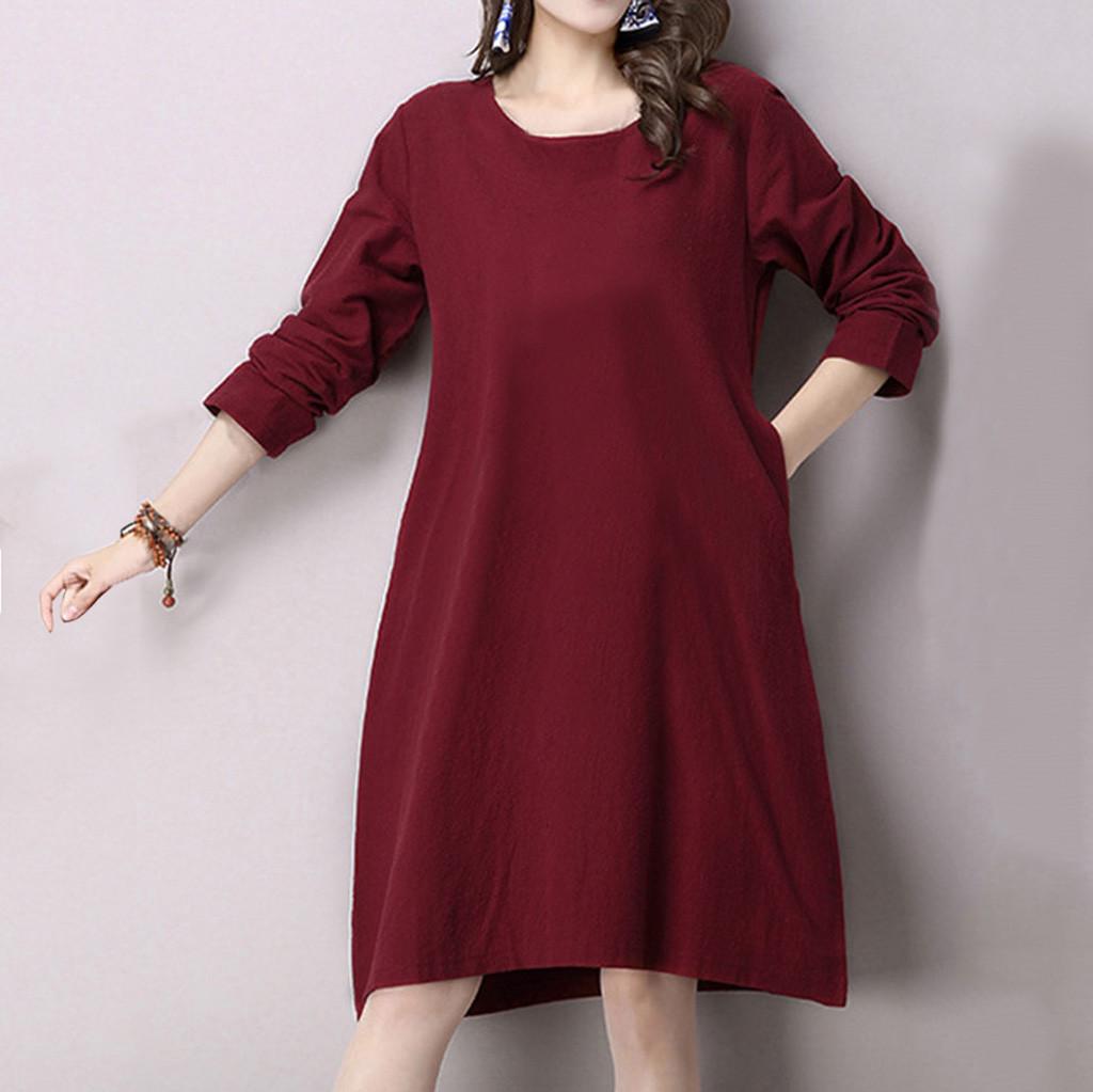 Long Sleeve Pocket Loose Cotton Dress 