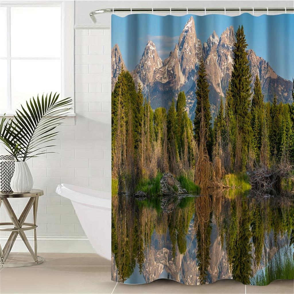 Mountain Reflection Bath Curtain - Majestic Peaks & Serene Lake,Waterproof Home Decor Adds Nature'S Tranquility To Your Bathroom