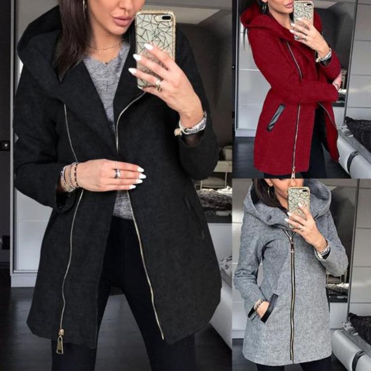 Giacca con Cappuccio da Donna Manica Lunga Cappotto con Zip Colore Unico Capospalla con Tasca