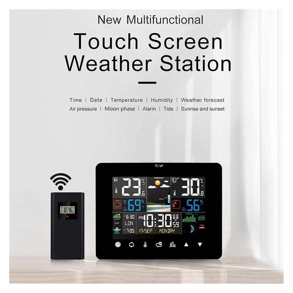 Stazione Meteo Digitale per Casa Interno Esterno, Ampio Display LCD Touch Screen, Monitor Temperatura e Umidità, Fase Lunare, Maree, Pressione Atmosferica e Allarme