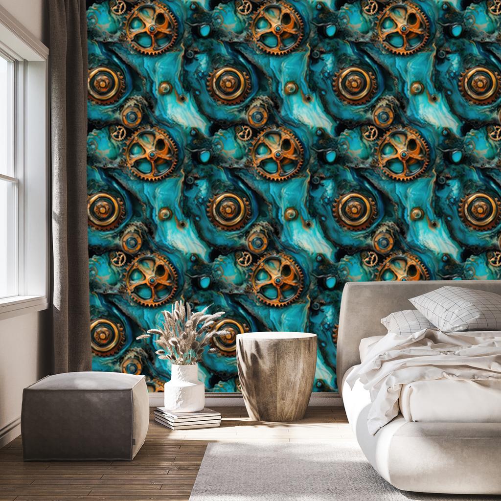Turquoise, Sea and Ochre Ink Wallpaper for Living Room and Bedroom 50x1000