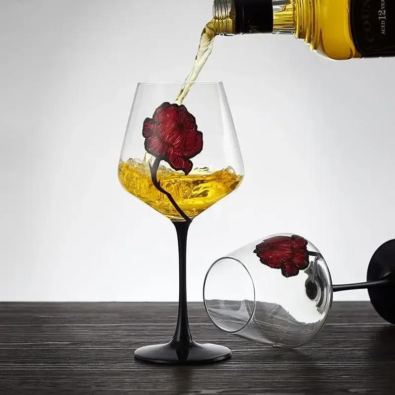 1pcs Hand Drawn Red Rose Patterned Cup Wedding Red Wine Champagne Glass Valentine's Day Wedding Rose Pattern Glass Wine Glass
