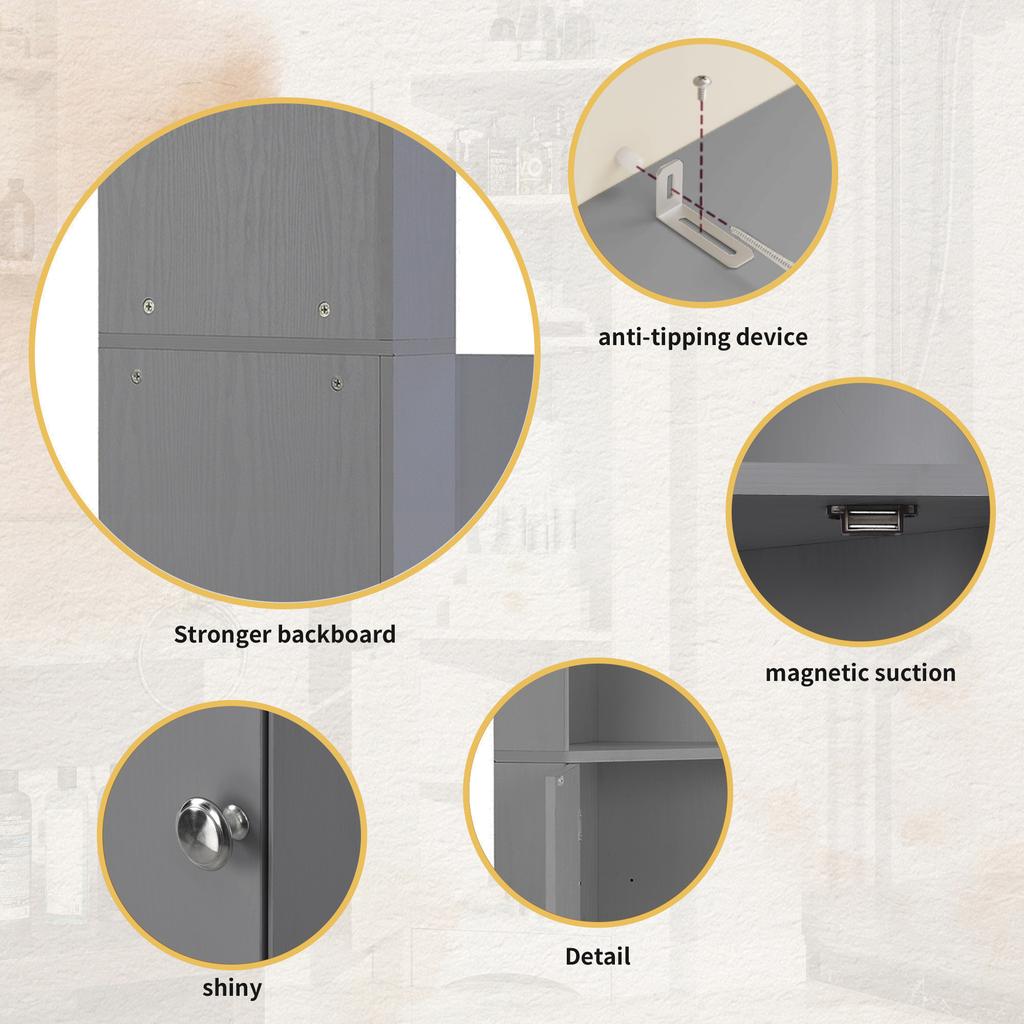 Badezimmerschrank, Eckschrank mit zwei Staufächern, Offenes Fach mit verstellbarem Einlegeboden, 36,5 x 36,5 x 155 cm, Hellgrau