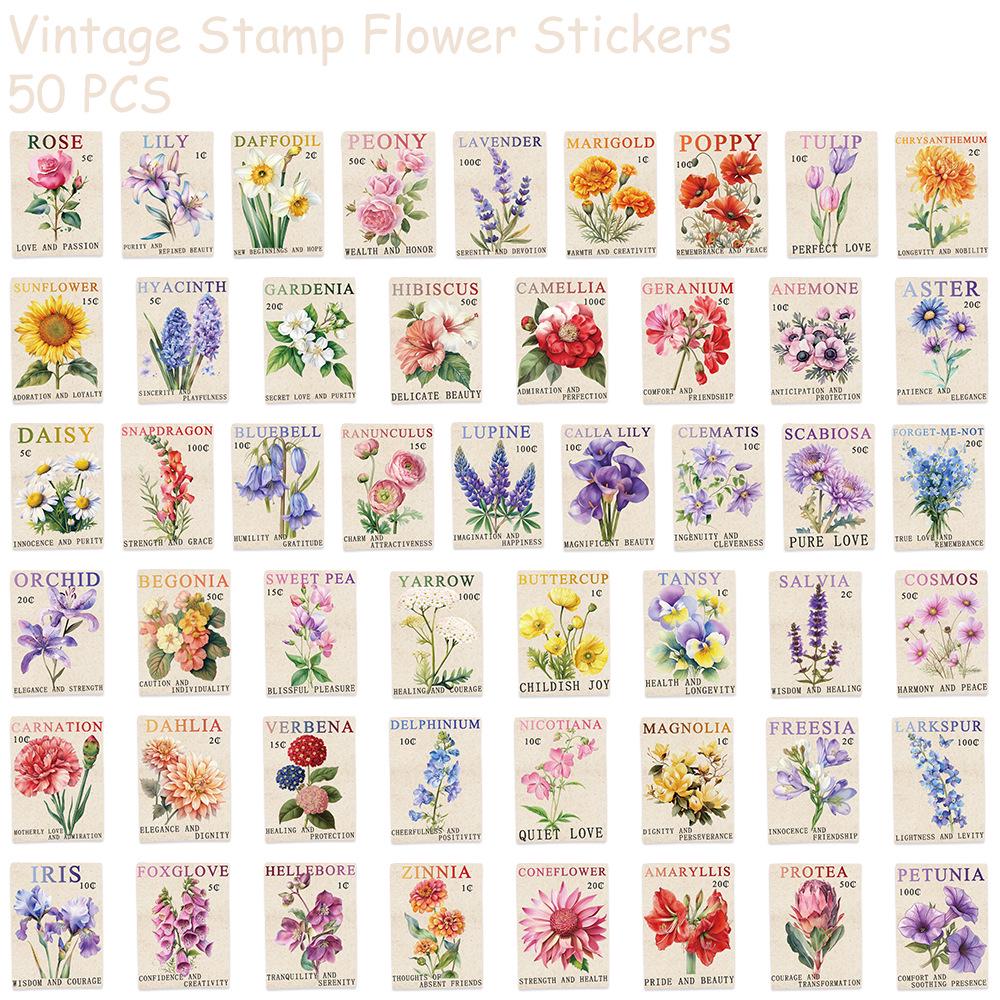 

50 Vintage Flower Stamp Stickers: Removable Decor for Notebooks, Water Bottles, and Phones. YCK286 - 50 Sheets