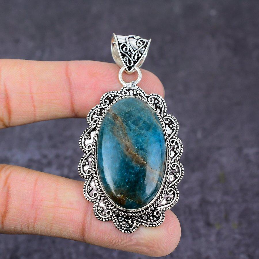 Pierre Gemme Apatite Bleu Néon Fait Main Argent Sterling 925 Cadeau Pendentif 2.56" S9n68