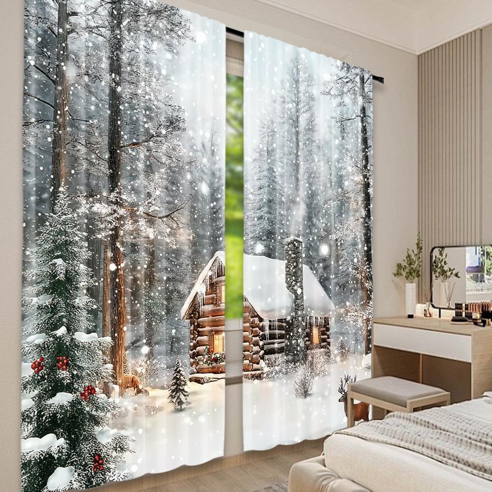 Set Of 2 Flat Printing Christmas Hot Curtains Wintercabin Digital Printed Polyester Drapes Festive Perfect Curtain