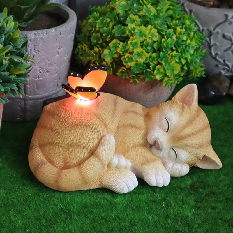 Garden Ornament Cats Solar Light Statue for Backyard Cafe Indoor Outdoor Statue Sculpture LED Cats Figurine Yard Lamp
