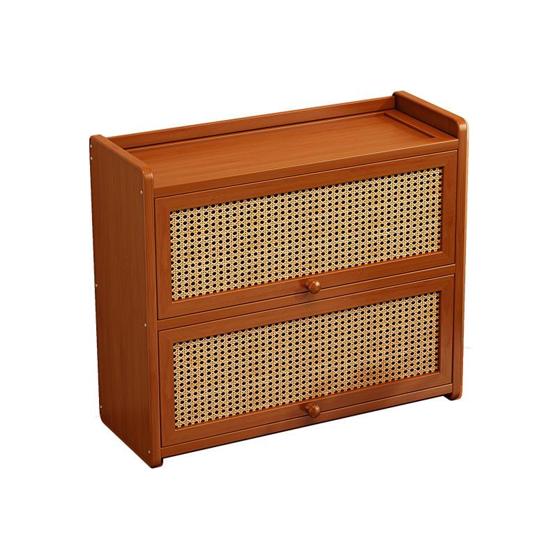 Armário de Armazenamento de Cozinha com Portas Decorativas em Rattan Sintético, Mini Armário de Armazenamento de Bancada de Bambu com Prateleira Organizadora com Porta Basculante, 1 peça