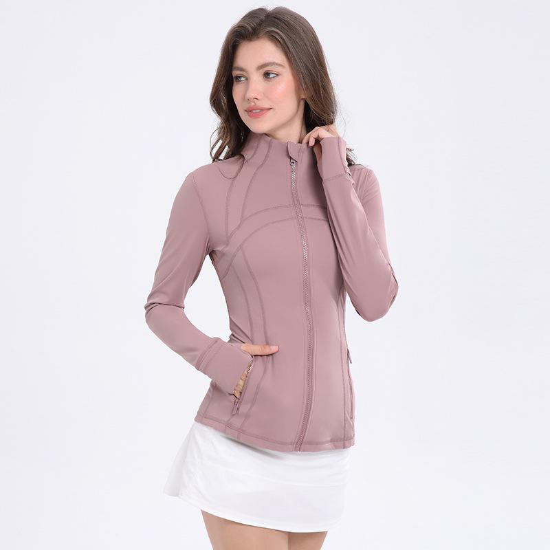 Nová edice Dámská nylon-spandexová jógová bunda se stojáčkem - Oboustranně broušený sportovní top na zip