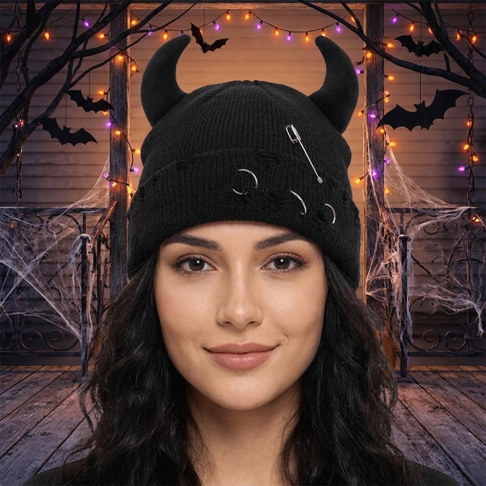 Yarn Winter Pullover Cap Solid Color Knitted Beanie Punk Devil Horns Hat Autumn/Winter