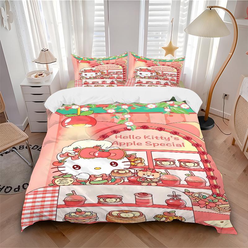 3pcs Sweet Celebration of Flavors and Friends Hello Kitty Quilt Cover Set - Soft & Comfortable Polyester Fabric, All-Season Breathable Comforter