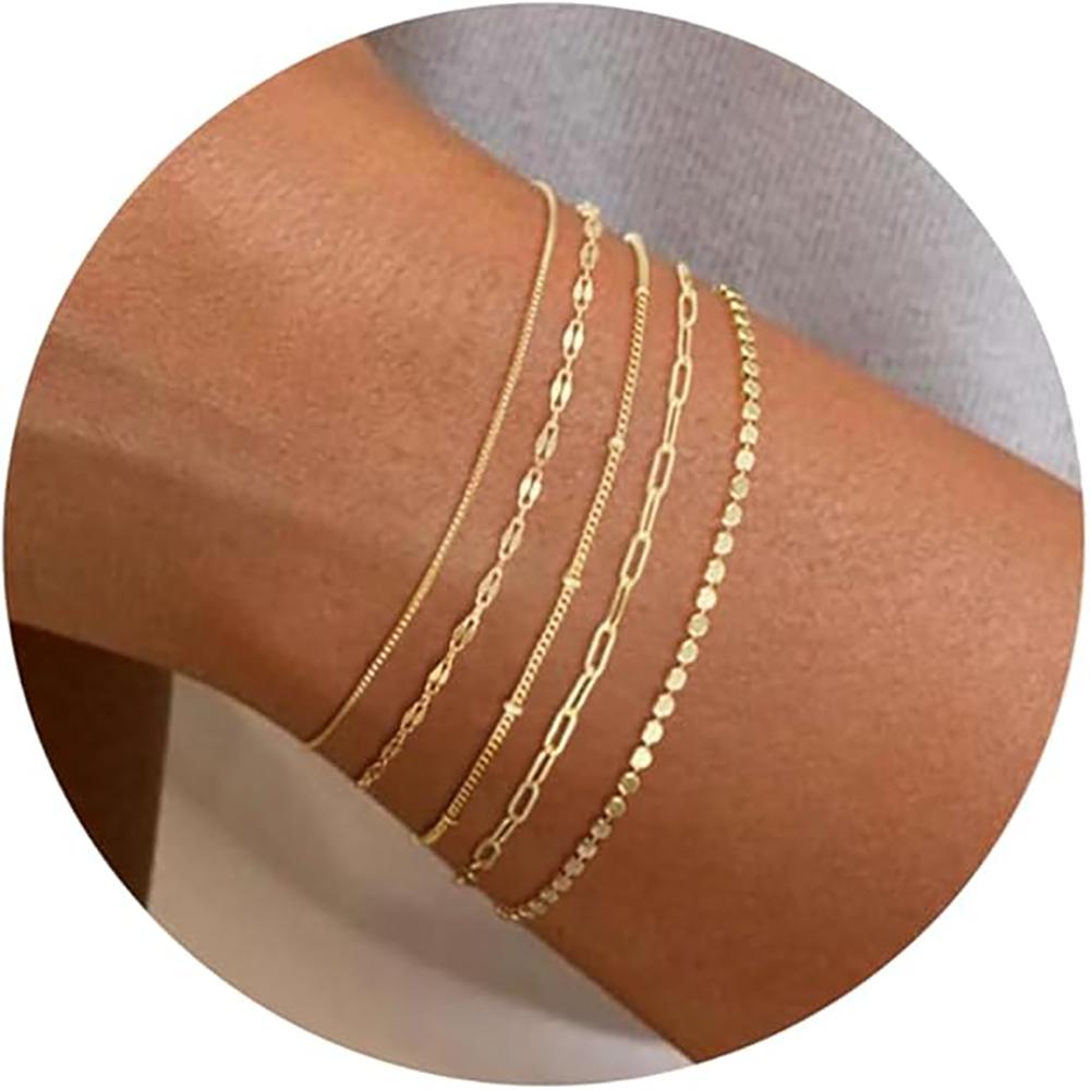 

14K Gold Plated Bracelet Set for Women, Dainty Stackable Paperclip & Beaded Chains, Trendy & Waterproof Gift